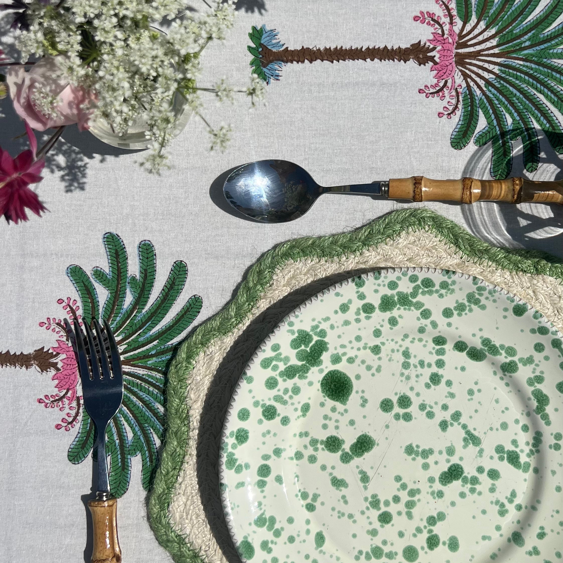 Pink and Green Palm Tree Handblocked Tablecloth