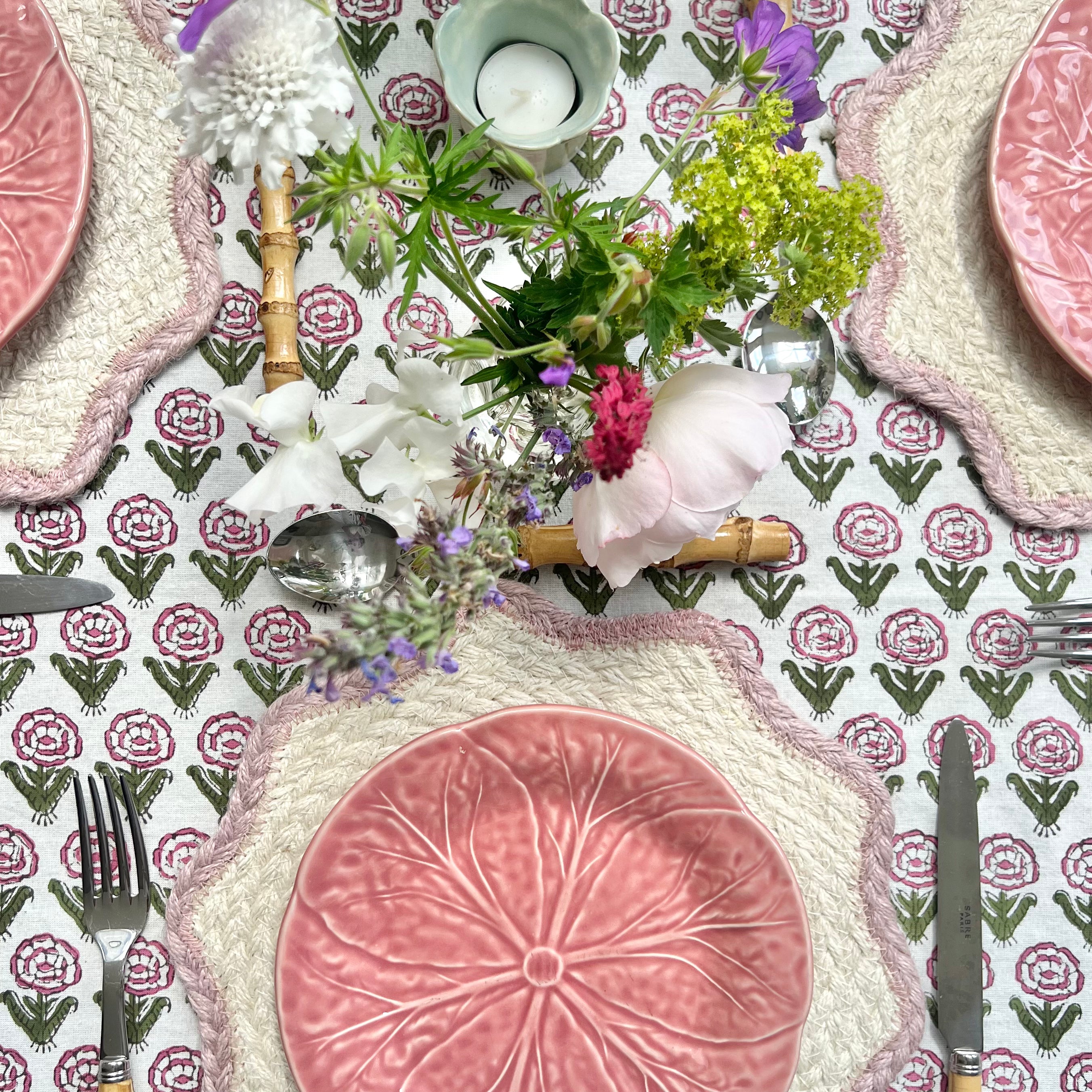 Pink and Green Zara Handblocked Tablecloth