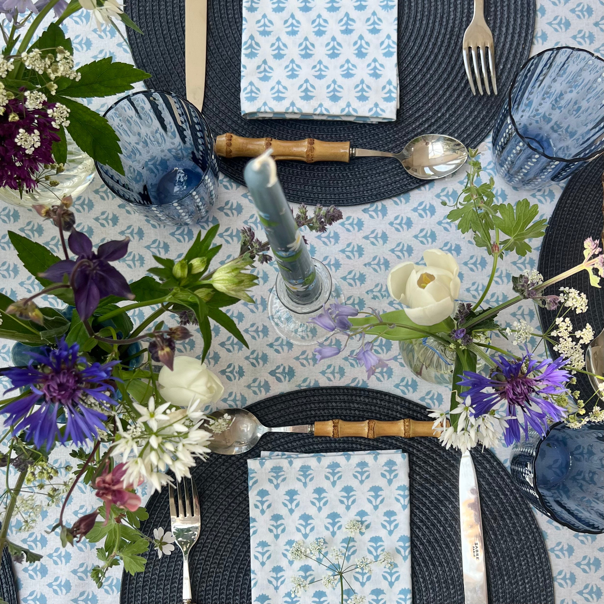 Cornflower Blue Carnation Handblocked Tablecloth