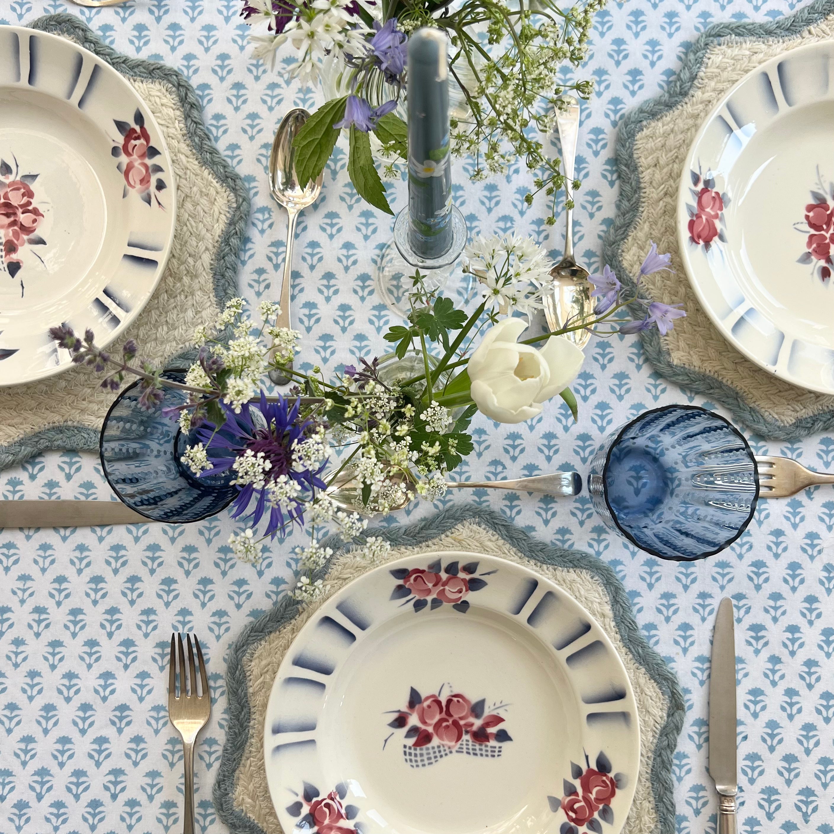 Cornflower Blue Carnation Handblocked Tablecloth