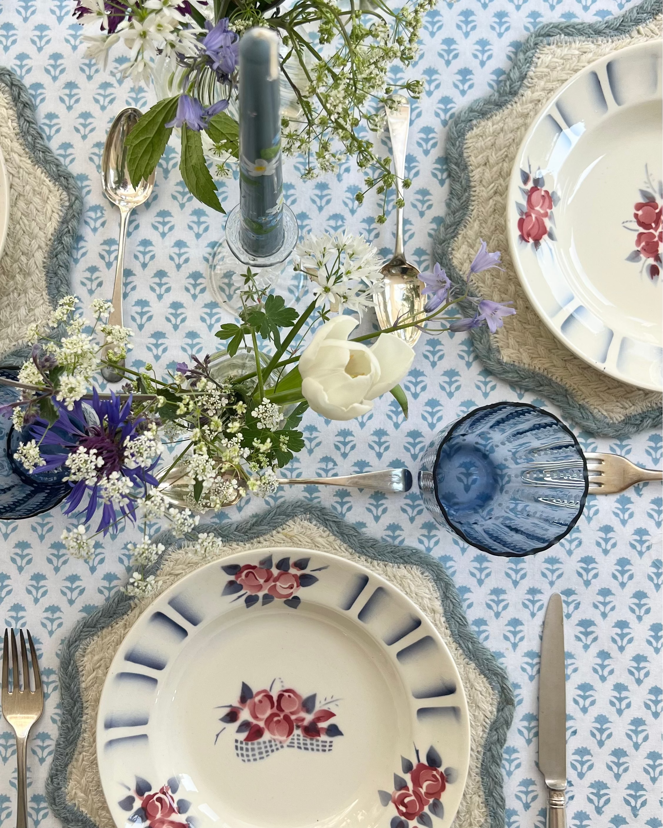 Cornflower Blue Carnation Handblocked Tablecloth