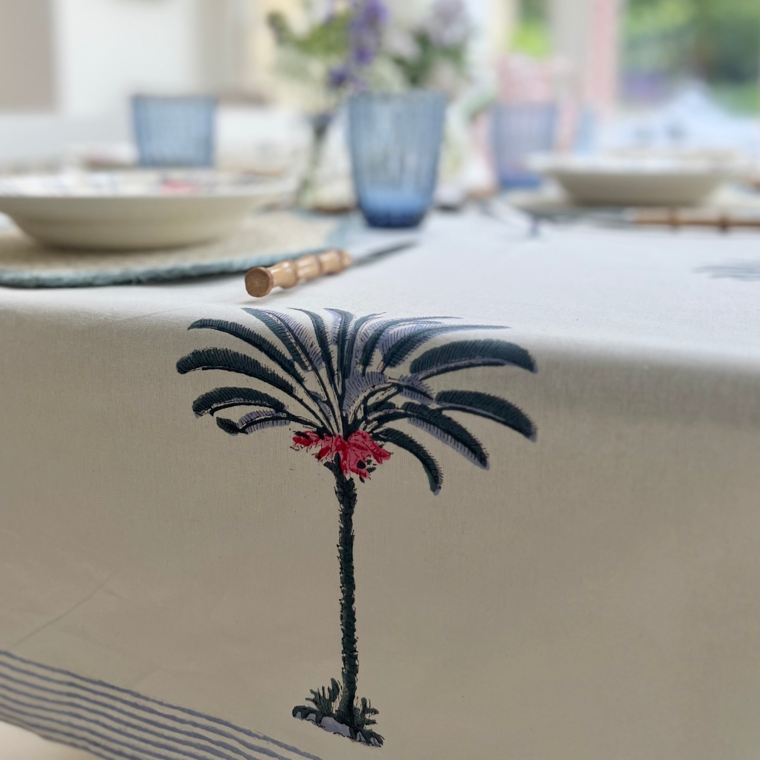 Blue Palm Tree Handblocked Tablecloth