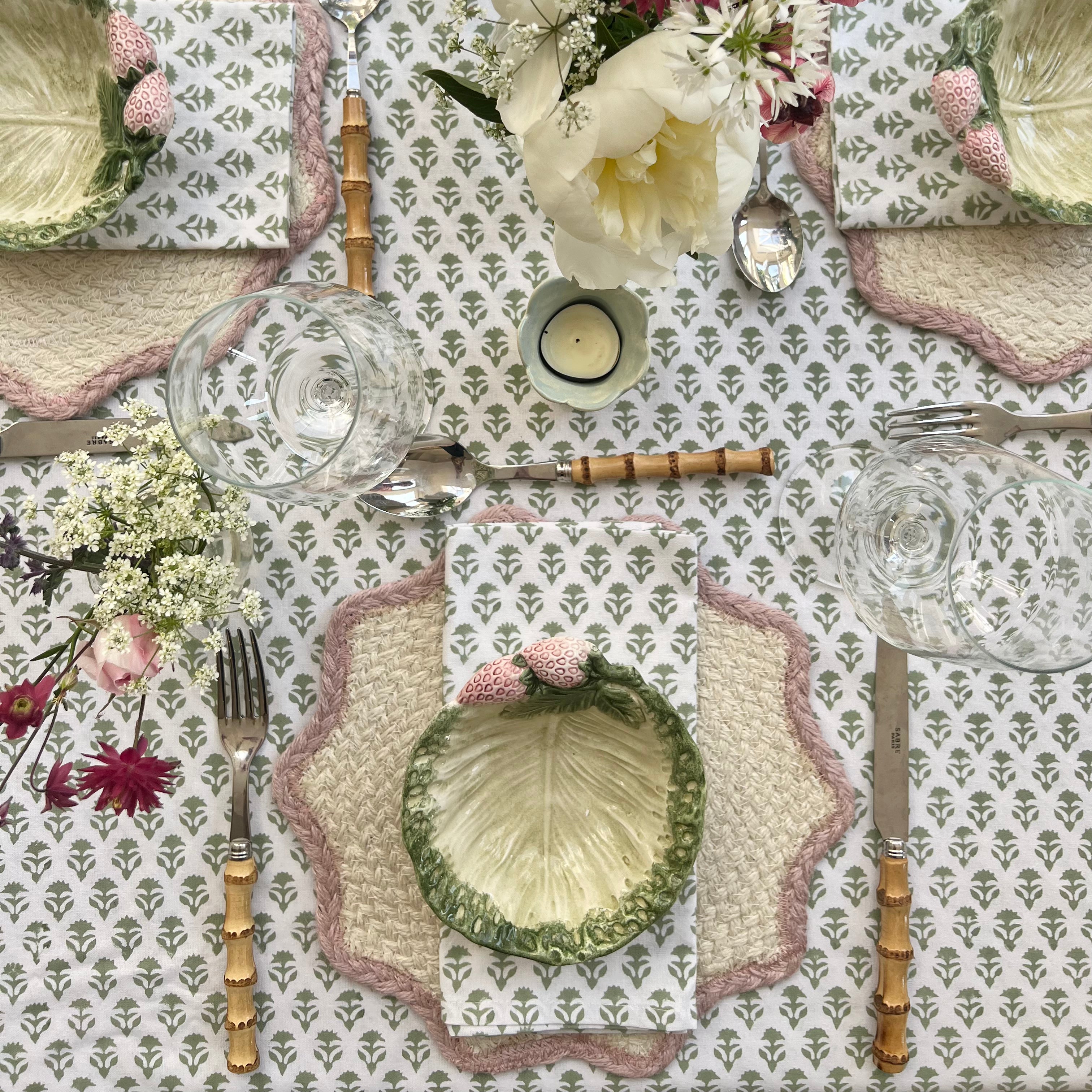 Sage Green Carnation Handblocked Tablecloth