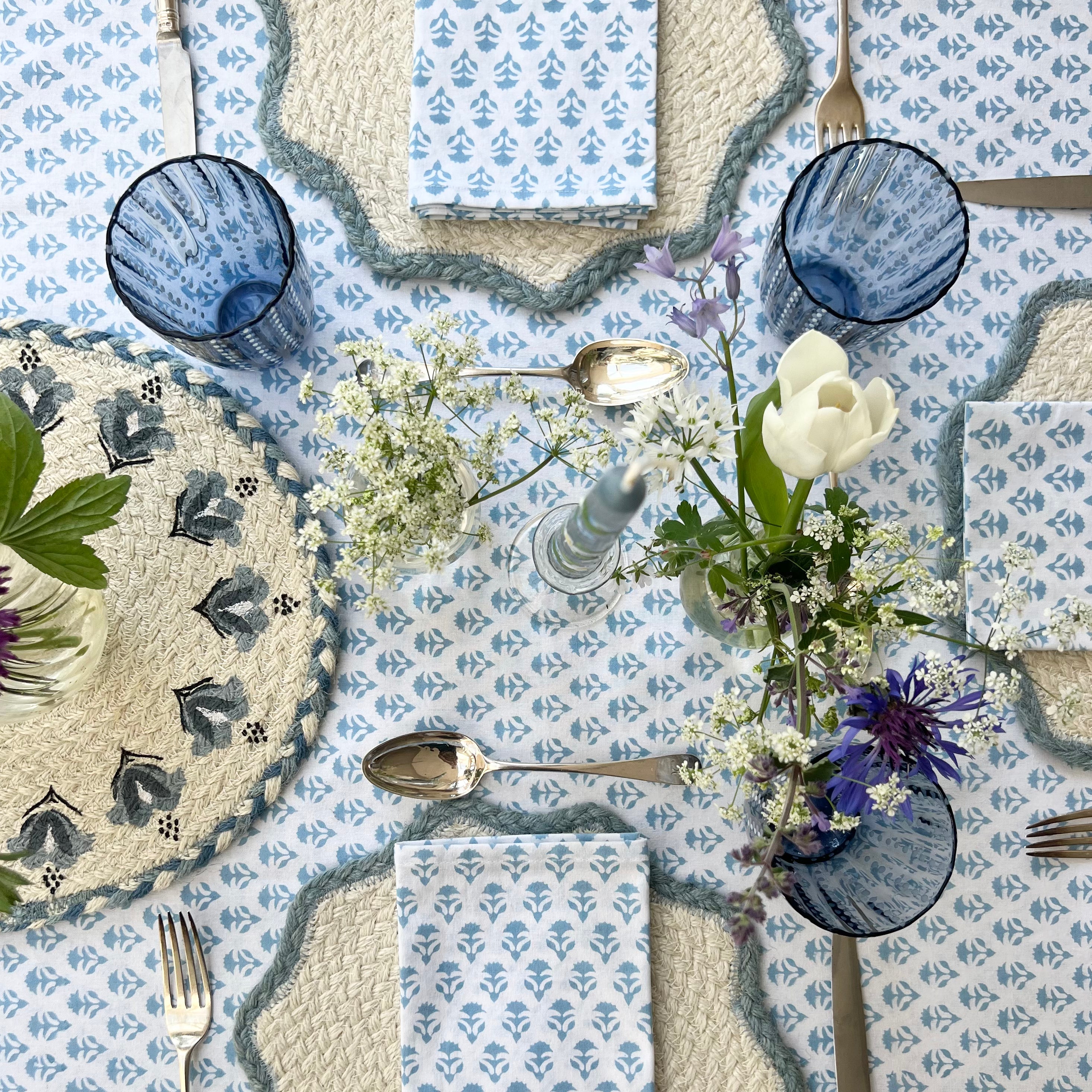 Cornflower Blue Carnation Handblocked Tablecloth