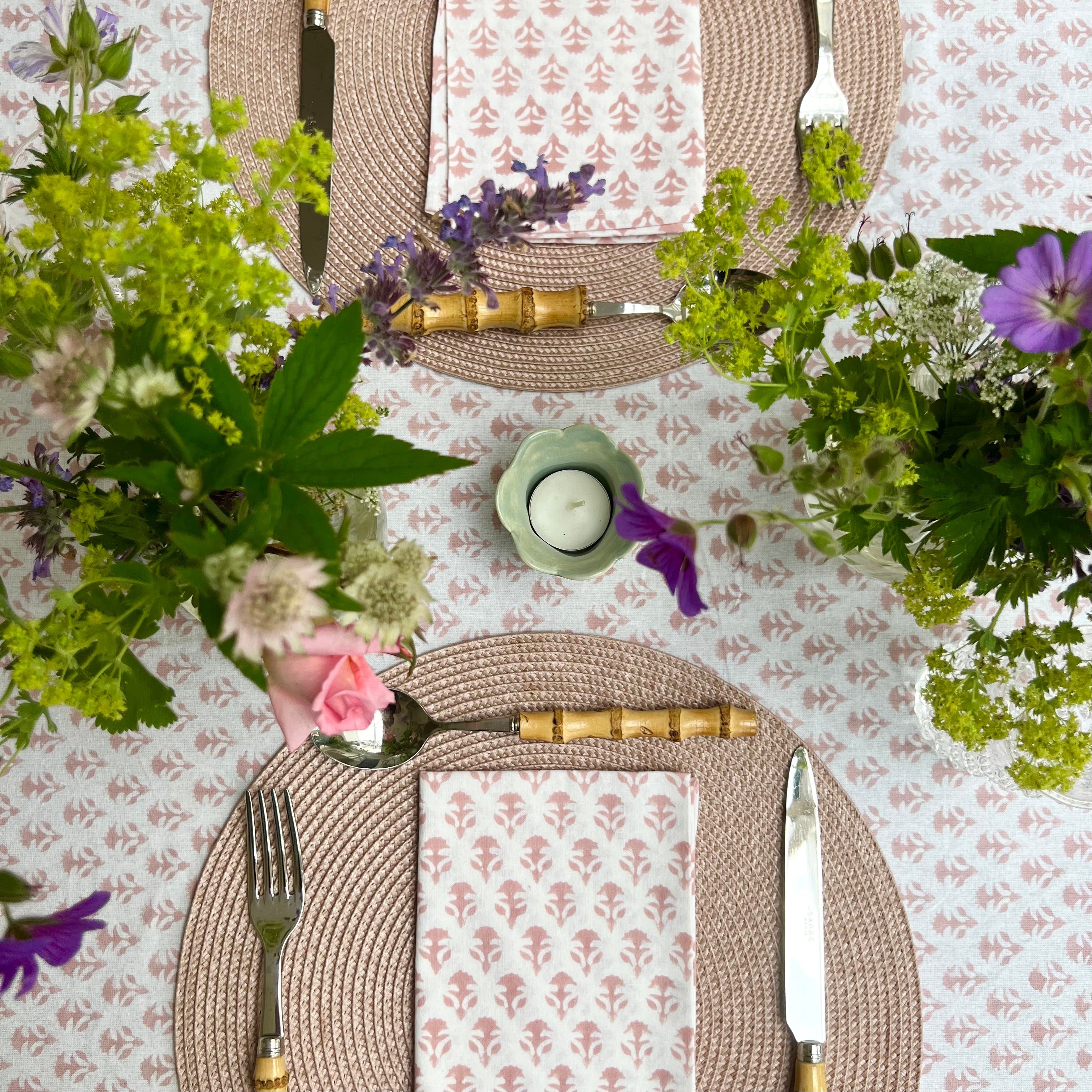 Blush Pink Carnation Handblocked Tablecloth