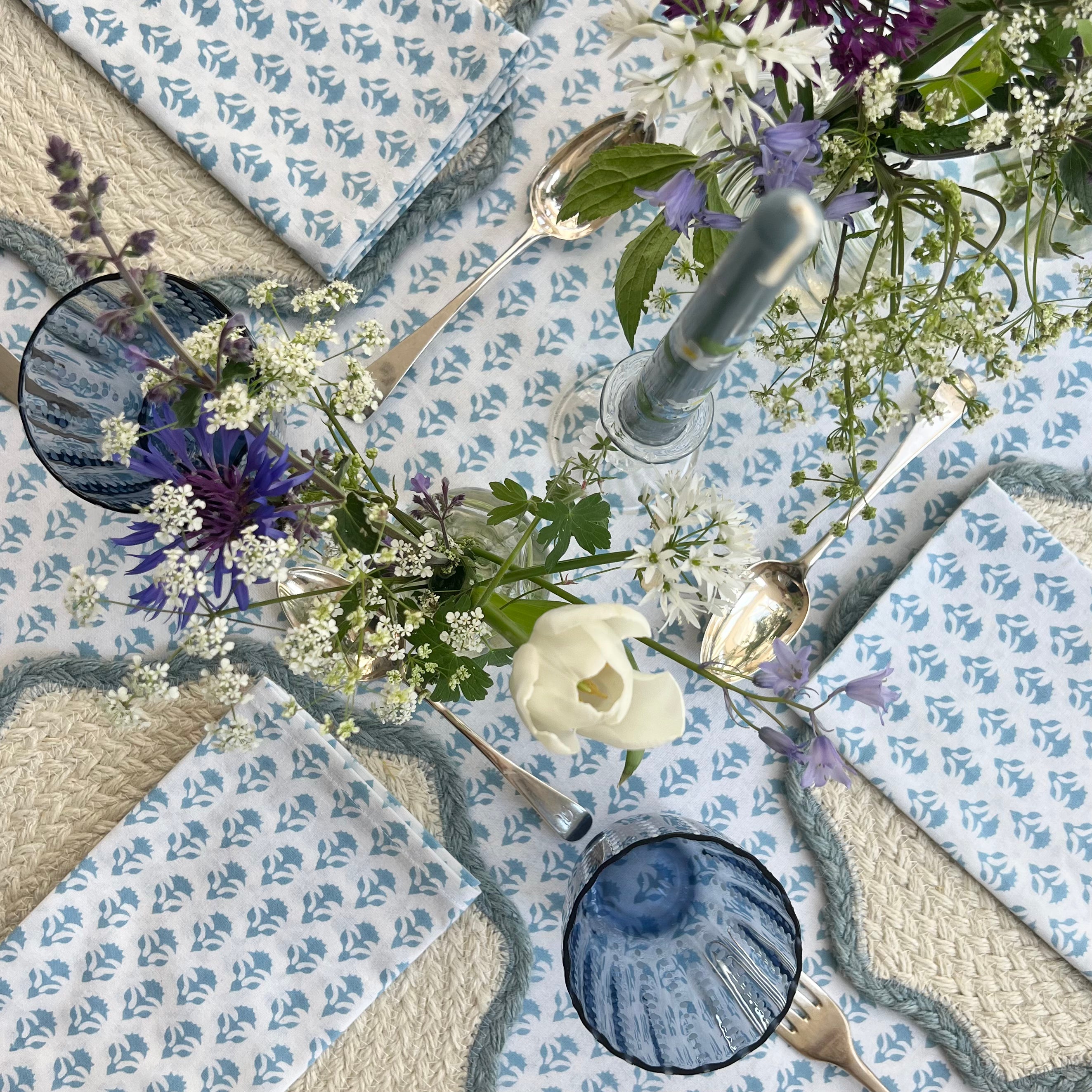 Cornflower Blue Carnation Handblocked Tablecloth
