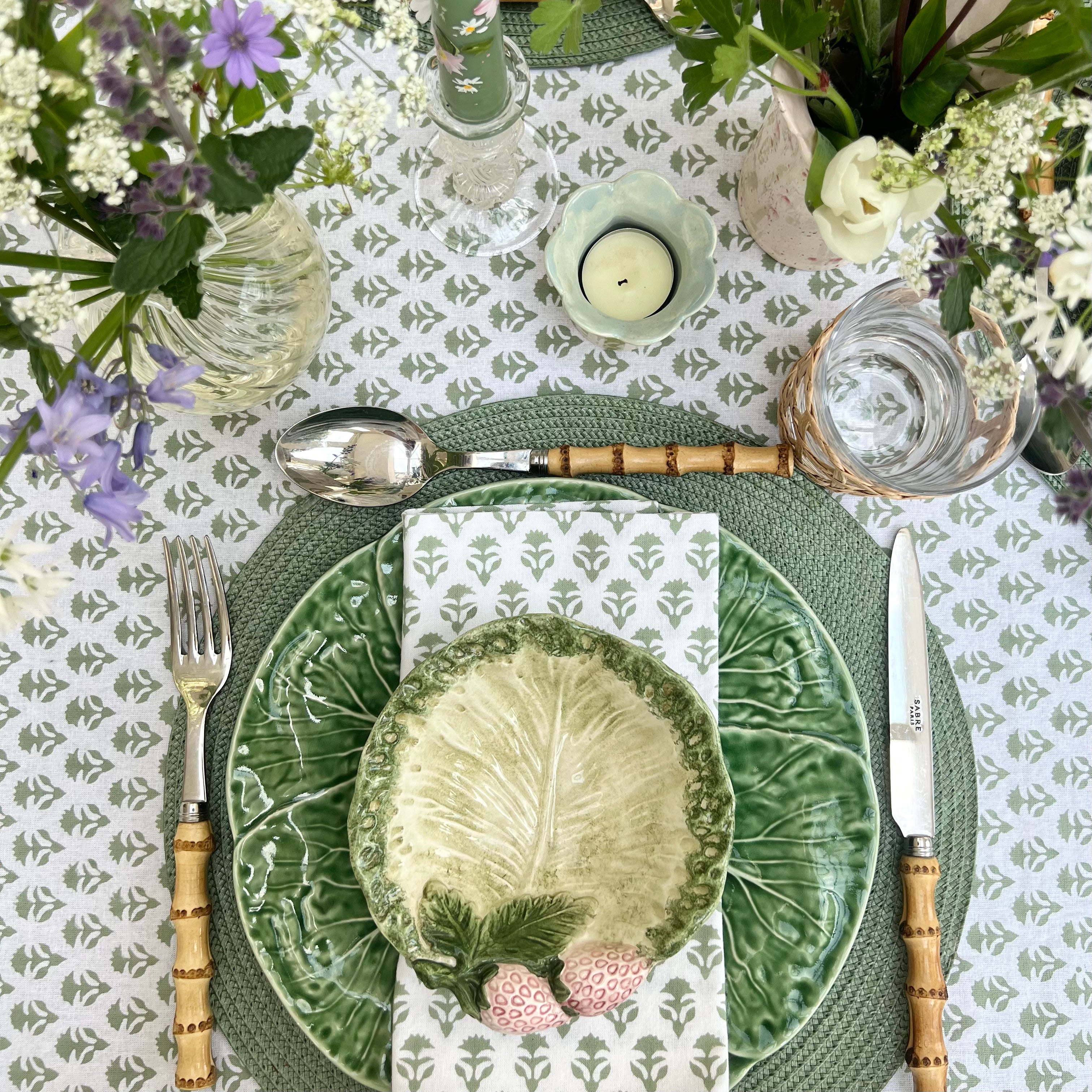 Sage Green Carnation Handblocked Tablecloth