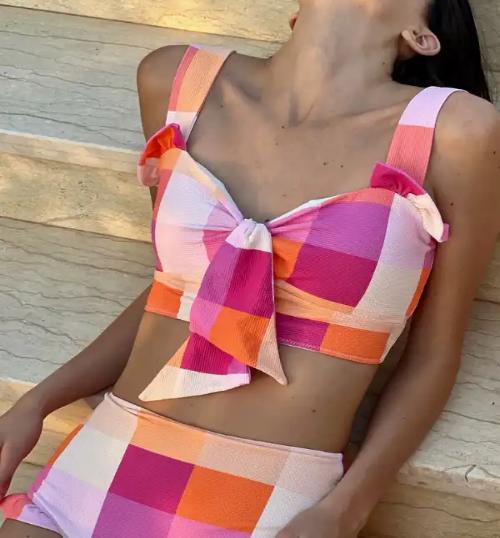 Maldives Luxury Bikini Top in Hibiscus Check