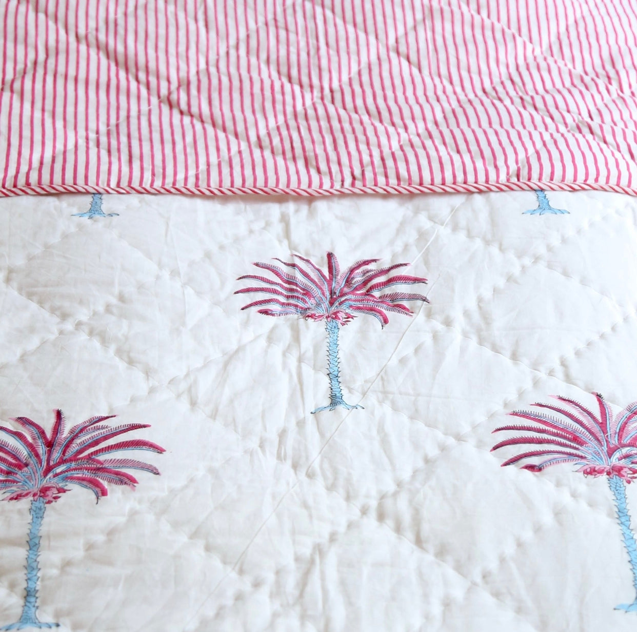 Palm Tree Print Handblocked Quilt (Pink and Blue)