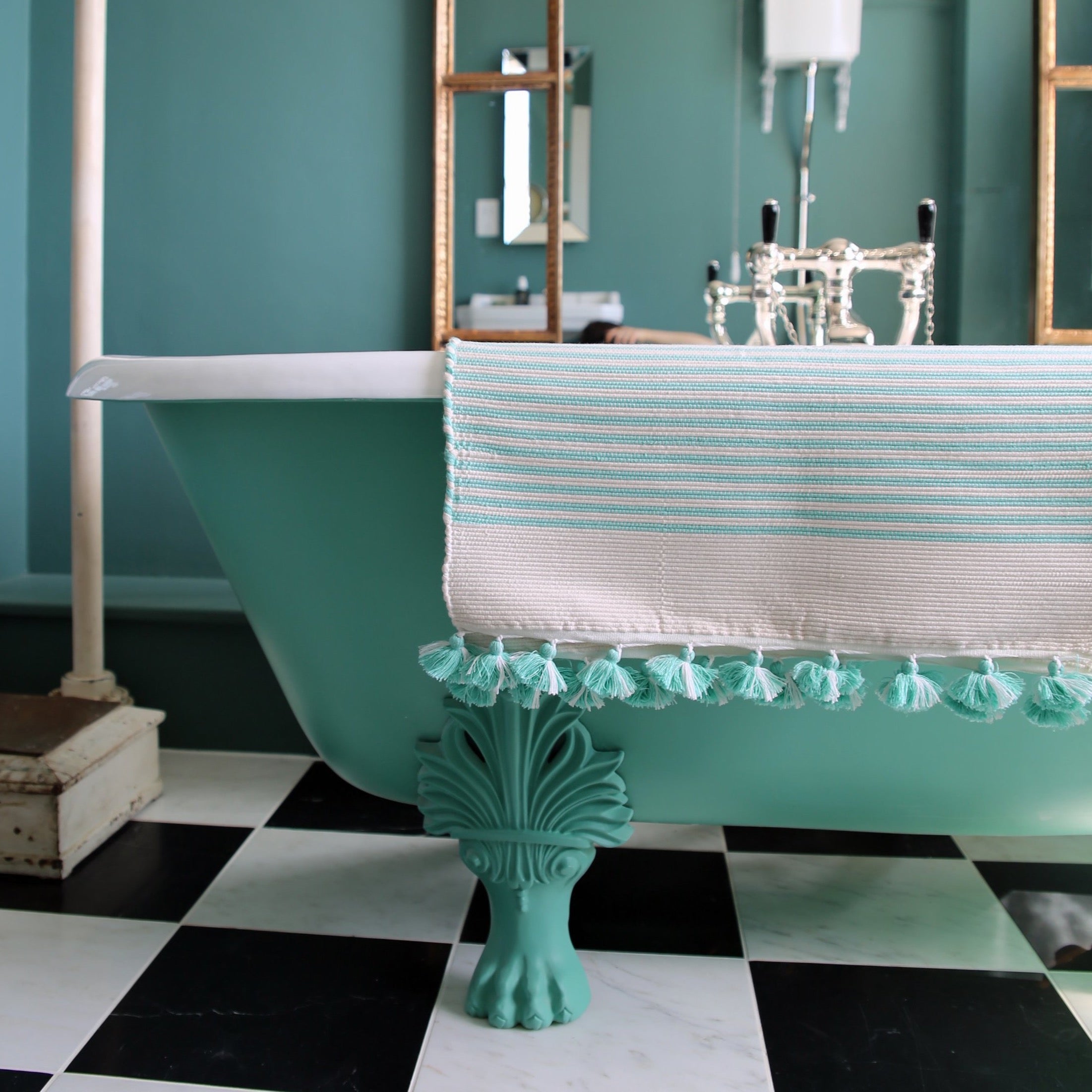 Aqua Handwoven Tasselled Bath Mat