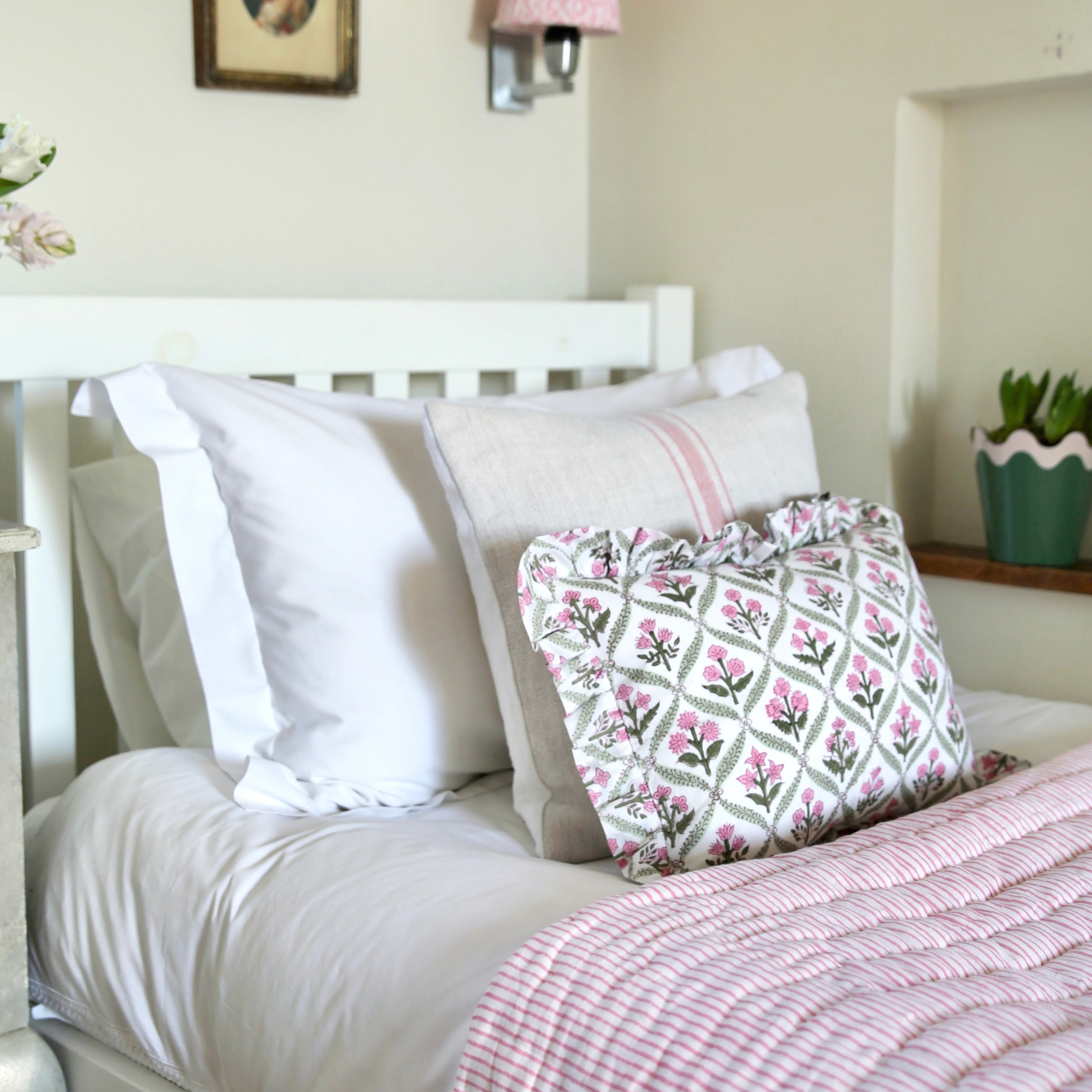 Pink and Green Trellis Frilled Cushion