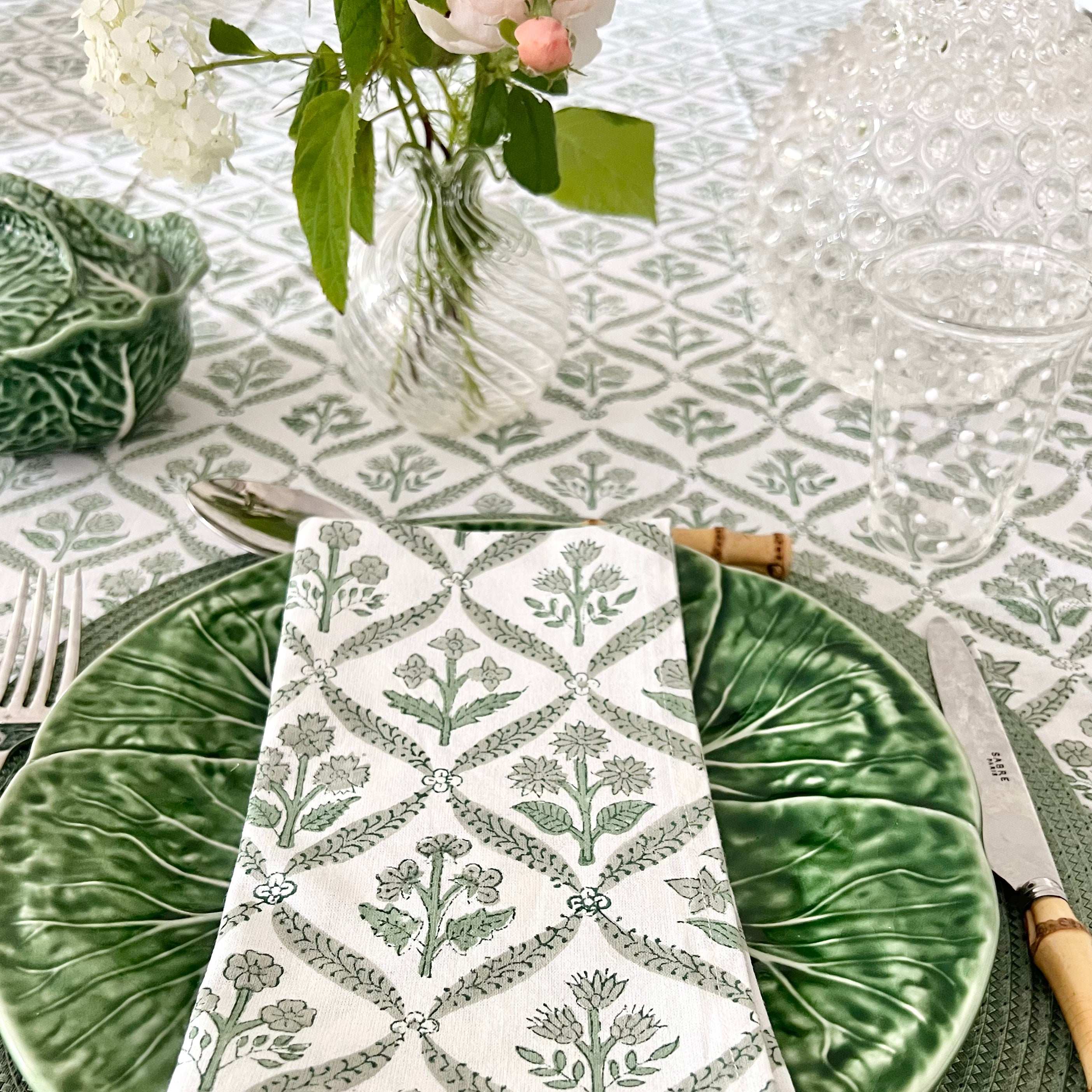 Green Trellis Handblocked Tablecloth