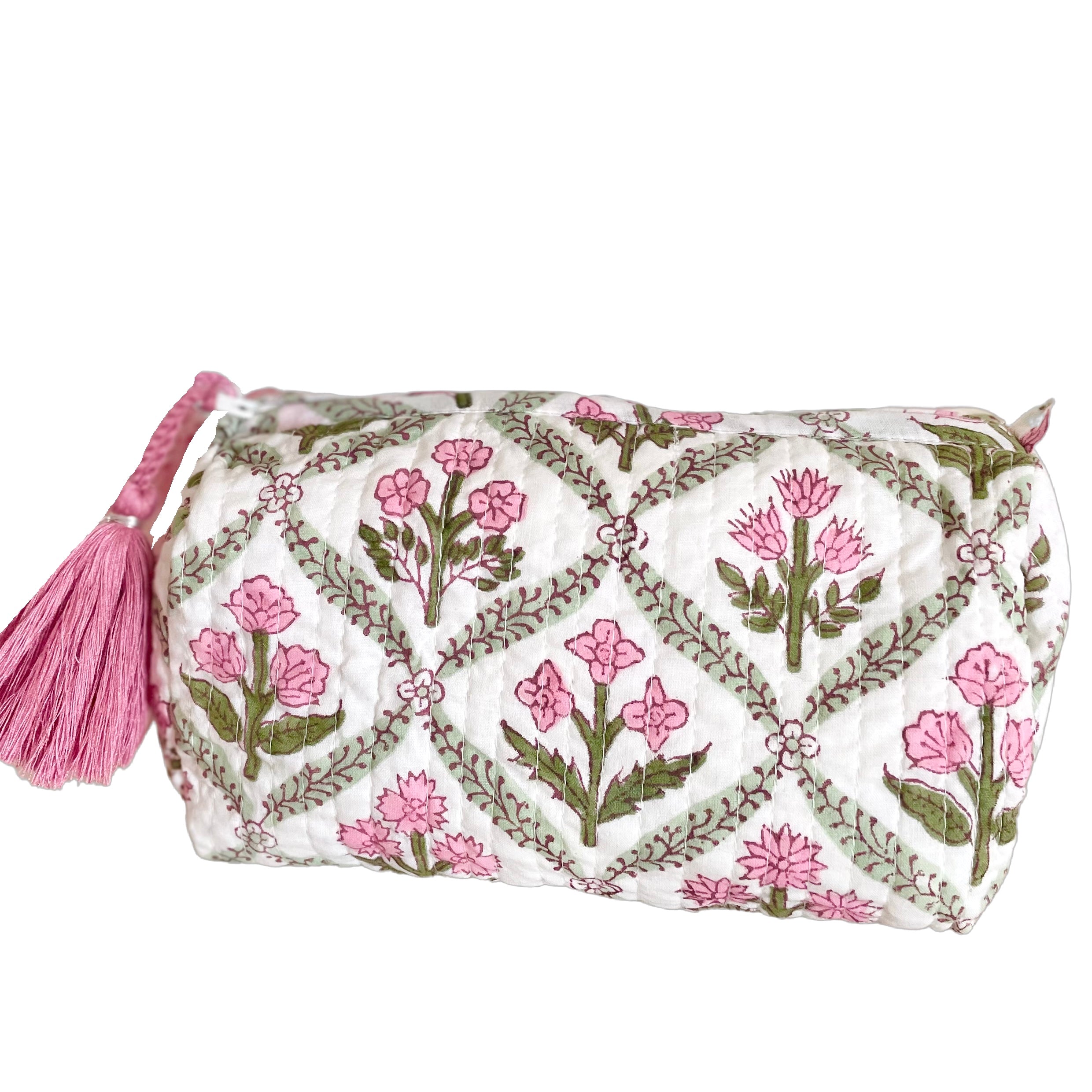 Pink and Green Trellis Handblocked Wash Bag