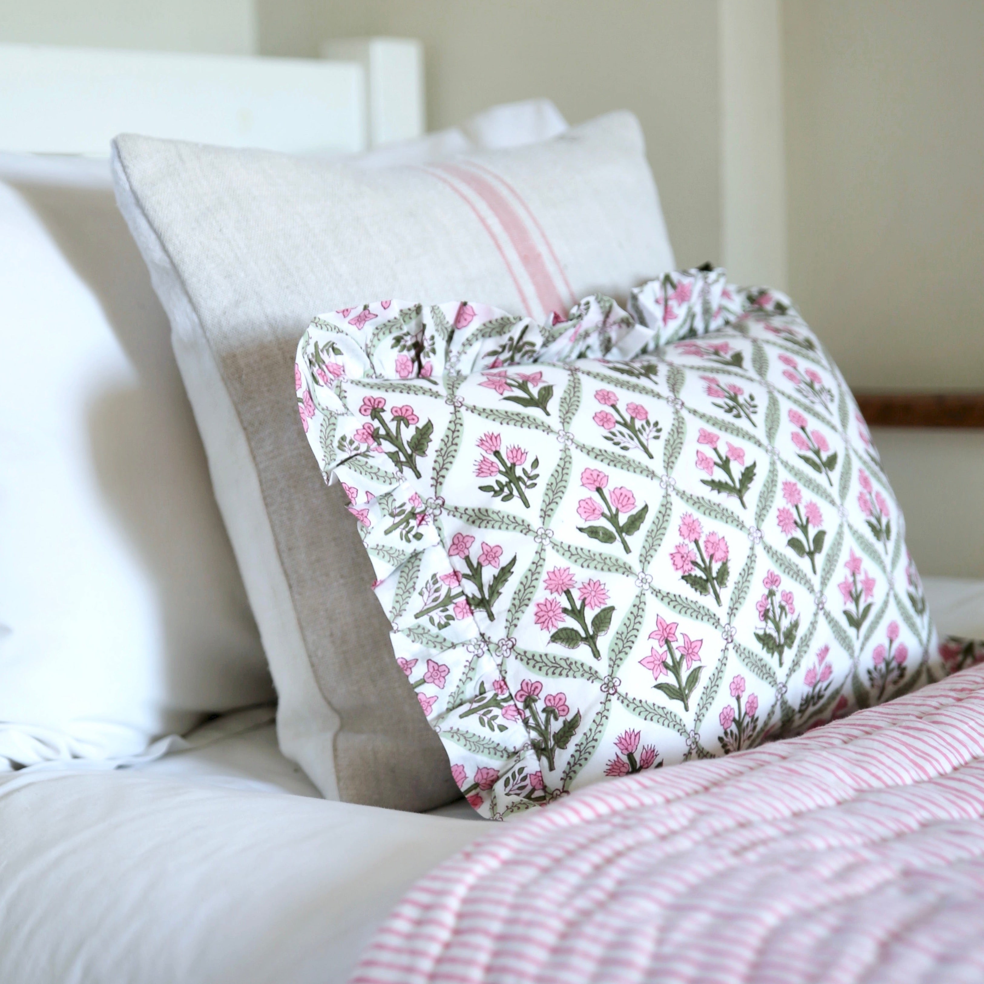 Pink and Green Trellis Frilled Cushion