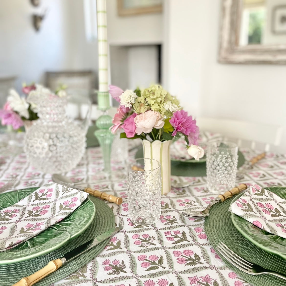 Pink and Green Trellis Handblocked Tablecloth