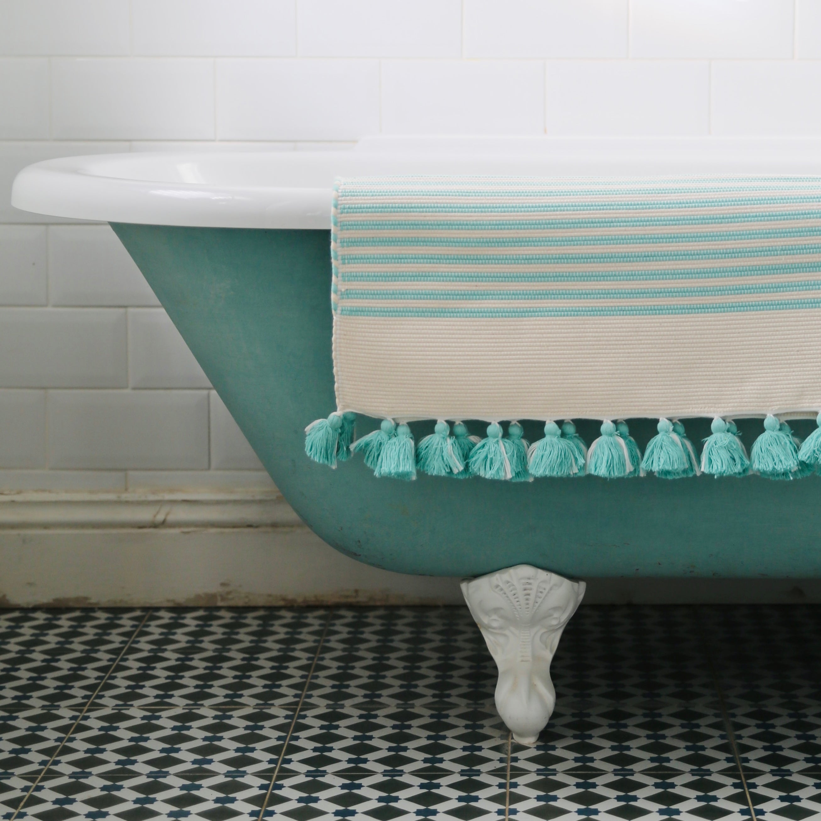 Aqua Handwoven Tasselled Bath Mat