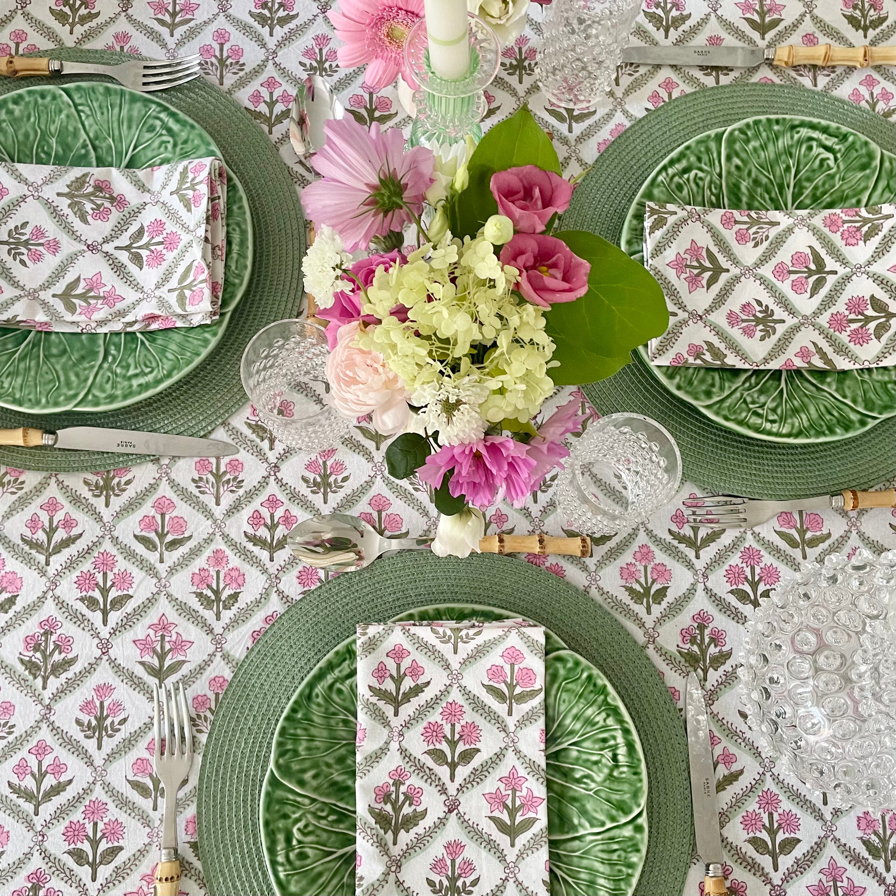 Pink and Green Trellis Handblocked Tablecloth
